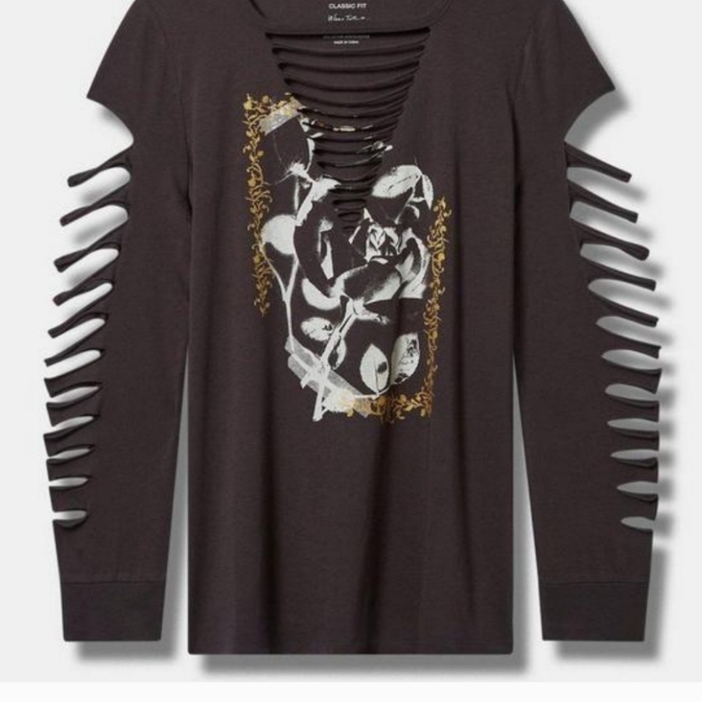 TORRID ROSES CLASSIC FIT SLASHED LONG SLEEVE: GRAY: NEW WITH TAGS: SIZE 00 (M/L)